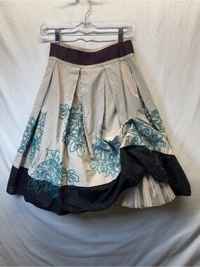 Cottagecore BOHO Beige Midi Skirt with Teal Floral Embroidery Tule Underskirt 2